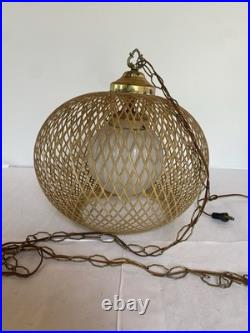 MCM Bamboo Wicker Rattan 18 Swag Lamp Hanging Light Fixture with Ribbed Globe