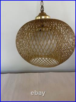 MCM Bamboo Wicker Rattan 18 Swag Lamp Hanging Light Fixture with Ribbed Globe