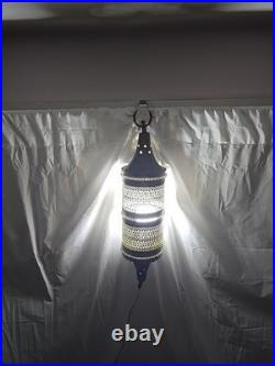 MCM Brass Ornate Plug In Swag Hanging Light Moroccan Pierced Vintage Filigree