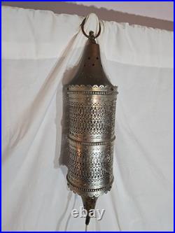 MCM Brass Ornate Plug In Swag Hanging Light Moroccan Pierced Vintage Filigree