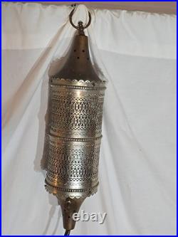 MCM Brass Ornate Plug In Swag Hanging Light Moroccan Pierced Vintage Filigree