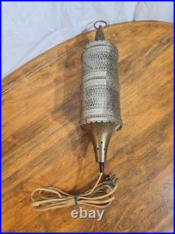 MCM Brass Ornate Plug In Swag Hanging Light Moroccan Pierced Vintage Filigree