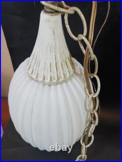 MCM Hanging Ceiling Pendant 2 Light Atomic Ribbed Globe Virden Co. Asymetrical