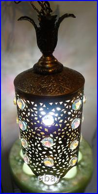 MCM Hollywood Regency Faceted Glass Jewels in Pierced Pattern Hanging Lamp