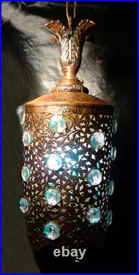 MCM Hollywood Regency Faceted Glass Jewels in Pierced Pattern Hanging Lamp
