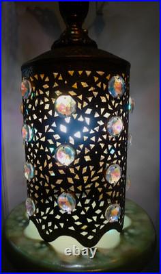 MCM Hollywood Regency Faceted Glass Jewels in Pierced Pattern Hanging Lamp