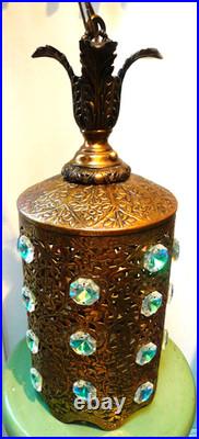 MCM Hollywood Regency Faceted Glass Jewels in Pierced Pattern Hanging Lamp