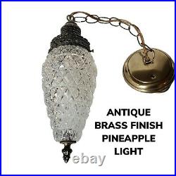 MCM Style Swag Hanging Clear Ceiling Gold Pineapple Cut Glass Lamp Light Vintage