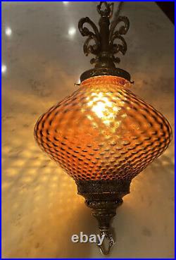 MCM Swag Lamp AMBER 23 Hollywood Regency Hanging Pendant Light Mid Century Gold