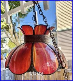 MCM Tulip Reddish Slag Glass Hanging Swag Lamp 17wide 11high 8 Panels