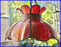 MCM Tulip Reddish Slag Glass Hanging Swag Lamp 17wide 11high 8 Panels