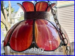 MCM Tulip Reddish Slag Glass Hanging Swag Lamp 17wide 11high 8 Panels