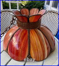 MCM Tulip Reddish Slag Glass Hanging Swag Lamp 17wide 11high 8 Panels