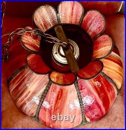 MCM Tulip Reddish Slag Glass Hanging Swag Lamp 17wide 11high 8 Panels
