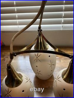 MCM Vintage Ceramic & Brass pendant light With 3 Pendants Gold Star Pattern