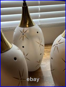 MCM Vintage Ceramic & Brass pendant light With 3 Pendants Gold Star Pattern