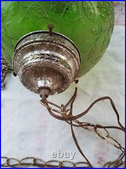 MCM Vintage Hanging Light Green Roses Glass Bowl Chain Cord. Works