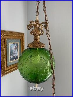 MCM Vintage Hanging Light Green Roses Glass Bowl Chain Cord. Works