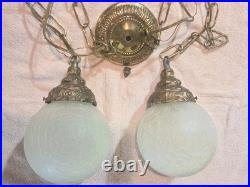MID-CENTURY Double Frosted Crackle Globes, Chain Hanging Swag Lights (NICE)