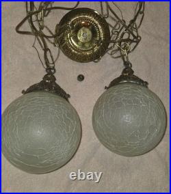 MID-CENTURY Double Frosted Crackle Globes, Chain Hanging Swag Lights (NICE)