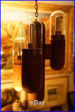 MID CENTURY MODERN TEST TUBE CACTUS HANGING LAMP! EAMES VTG WOOD 1970's