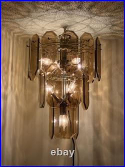 MID Century Modern Smoked Panel Glass Prisms 18 Light Hanging Chandelier