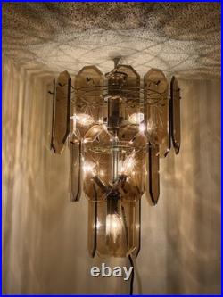 MID Century Modern Smoked Panel Glass Prisms 18 Light Hanging Chandelier