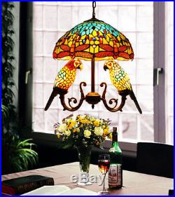 Makenier Vintage Tiffany Stained Glass Dragonfly + Parrots Pendant Hanging Lamp