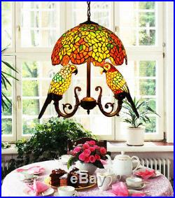 Makenier Vintage Tiffany Stained Glass Wisteria Parrots Pendant Hanging Lamp