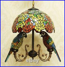 Makenier Vintage Tiffany Stained Glass Wisteria Parrots Pendant Hanging Lamp