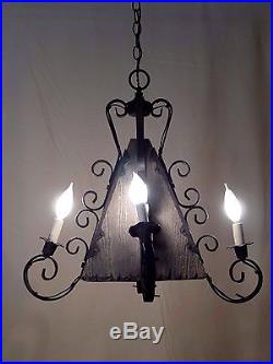 Medieval Gothic Chandelier Wrought Iron Wood Hanging Lamp Rustic Castle Vintage