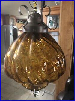 Medium Vintage MCM Hanging Swag Light Lamp Amber/ Rootbeer Glass