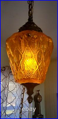 Mid-Century Amber Glass Hanging Swag Lamp Ceiling Light +Diffuser Quilted Works