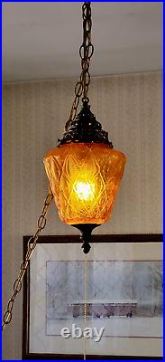 Mid-Century Amber Glass Hanging Swag Lamp Ceiling Light +Diffuser Quilted Works
