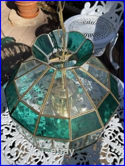 Mid Century Green Stained Clear Etched Hanging Swag Lamp