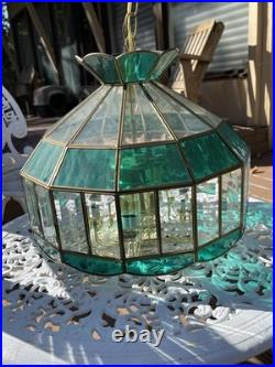 Mid Century Green Stained Clear Etched Hanging Swag Lamp