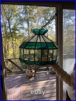 Mid Century Green Stained Clear Etched Hanging Swag Lamp