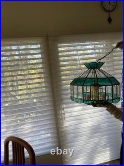 Mid Century Green Stained Clear Etched Hanging Swag Lamp