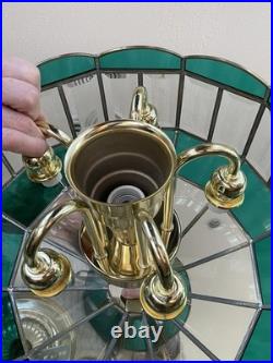 Mid Century Green Stained Clear Etched Hanging Swag Lamp