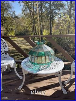 Mid Century Green Stained Clear Etched Hanging Swag Lamp