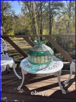 Mid Century Green Stained Clear Etched Hanging Swag Lamp