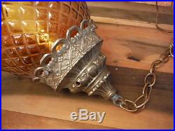 Mid Century Hanging Swag Lamp Vintage Amber Glass Pull Chain Light Fixture EF