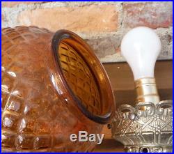Mid Century Hanging Swag Lamp Vintage Amber Glass Pull Chain Light Fixture EF