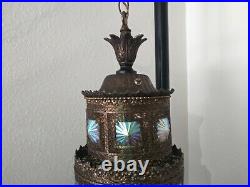 Mid Century Hollywood Regency Hanging Lamp with Iridescent Glass vintage