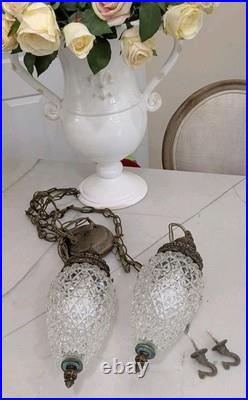 Mid Century Hollywood Regency Vintage Swag Pineapple Glass Pendant Light Set 2