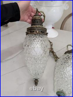 Mid Century Hollywood Regency Vintage Swag Pineapple Glass Pendant Light Set 2