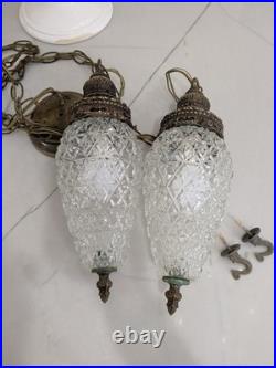 Mid Century Hollywood Regency Vintage Swag Pineapple Glass Pendant Light Set 2