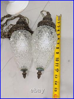 Mid Century Hollywood Regency Vintage Swag Pineapple Glass Pendant Light Set 2