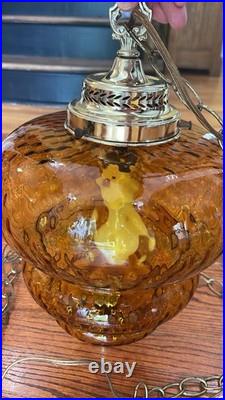 Mid Century MCM Amber Beehive Honeycomb Glass Pendant Swag Light 20 X 10 VTG