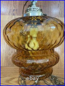 Mid Century MCM Amber Beehive Honeycomb Glass Pendant Swag Light 20 X 10 VTG